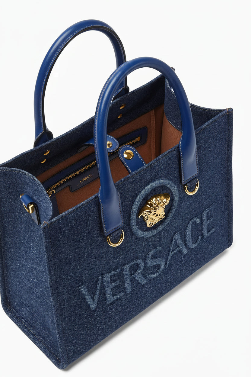Versace Denim Tote Bag Full Detailing Branding Dust Cover India