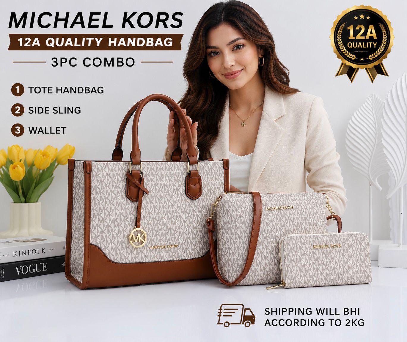 Michael Kors 3 Piece Combo White Handbag Set Tote Sling Wallet India