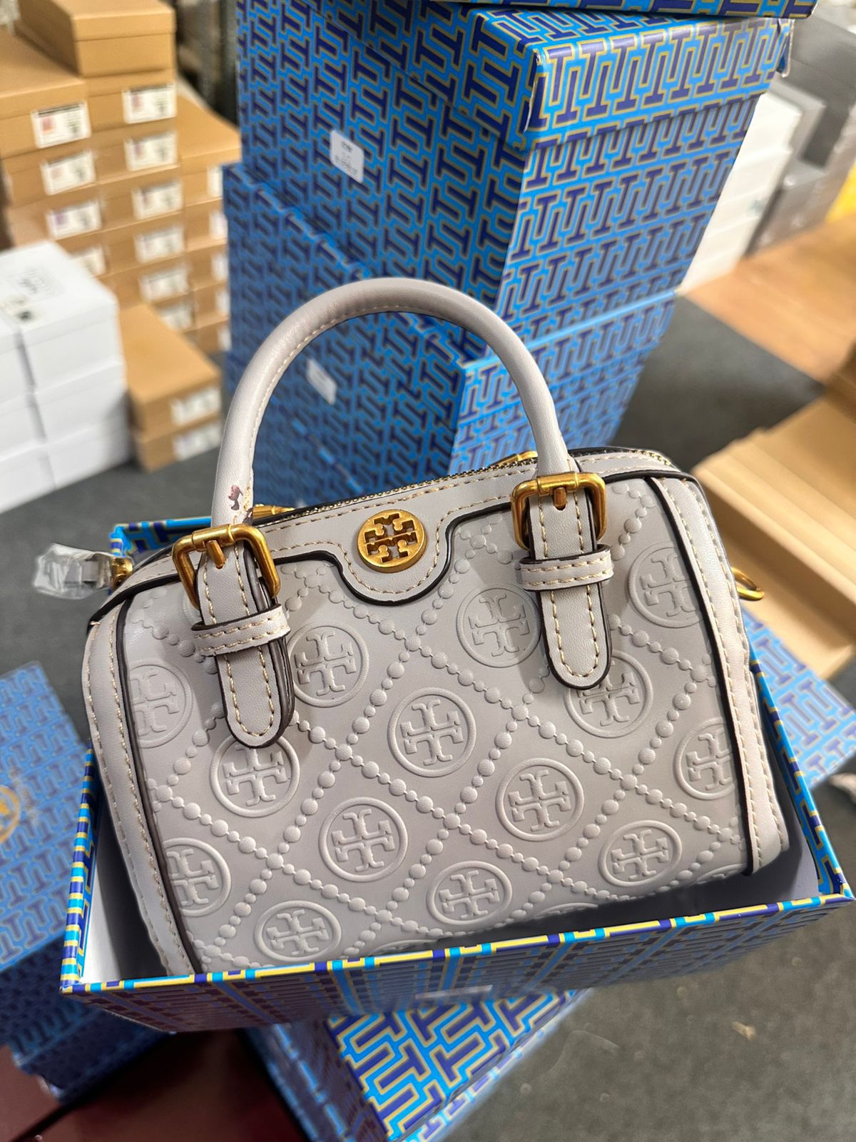 Tory Burch Speedy Bag Gray Branded Luxury Handbag With Box