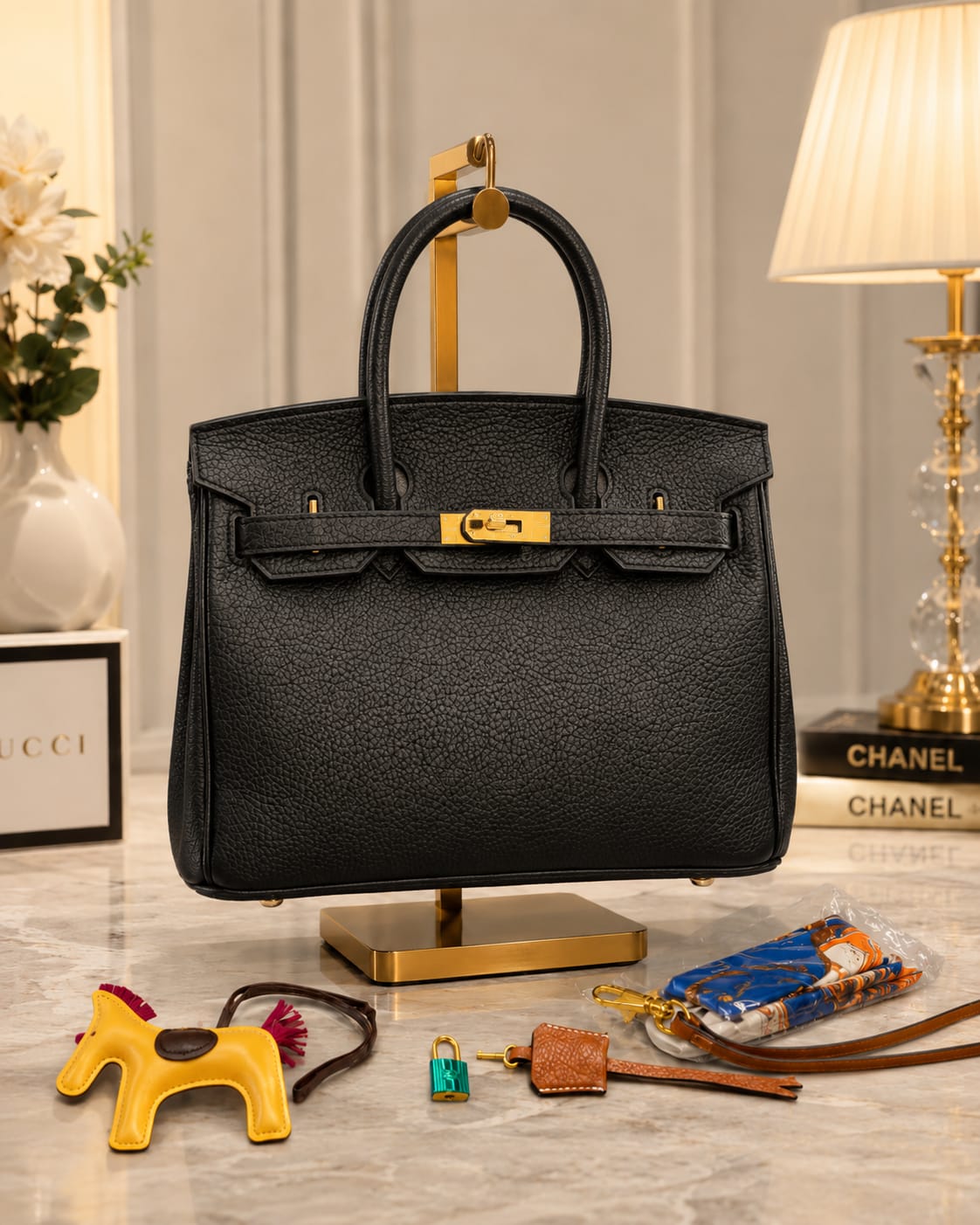 Hermes Luxury Leather Bag Black with charm lock key holder twilly scarf - PR Collection