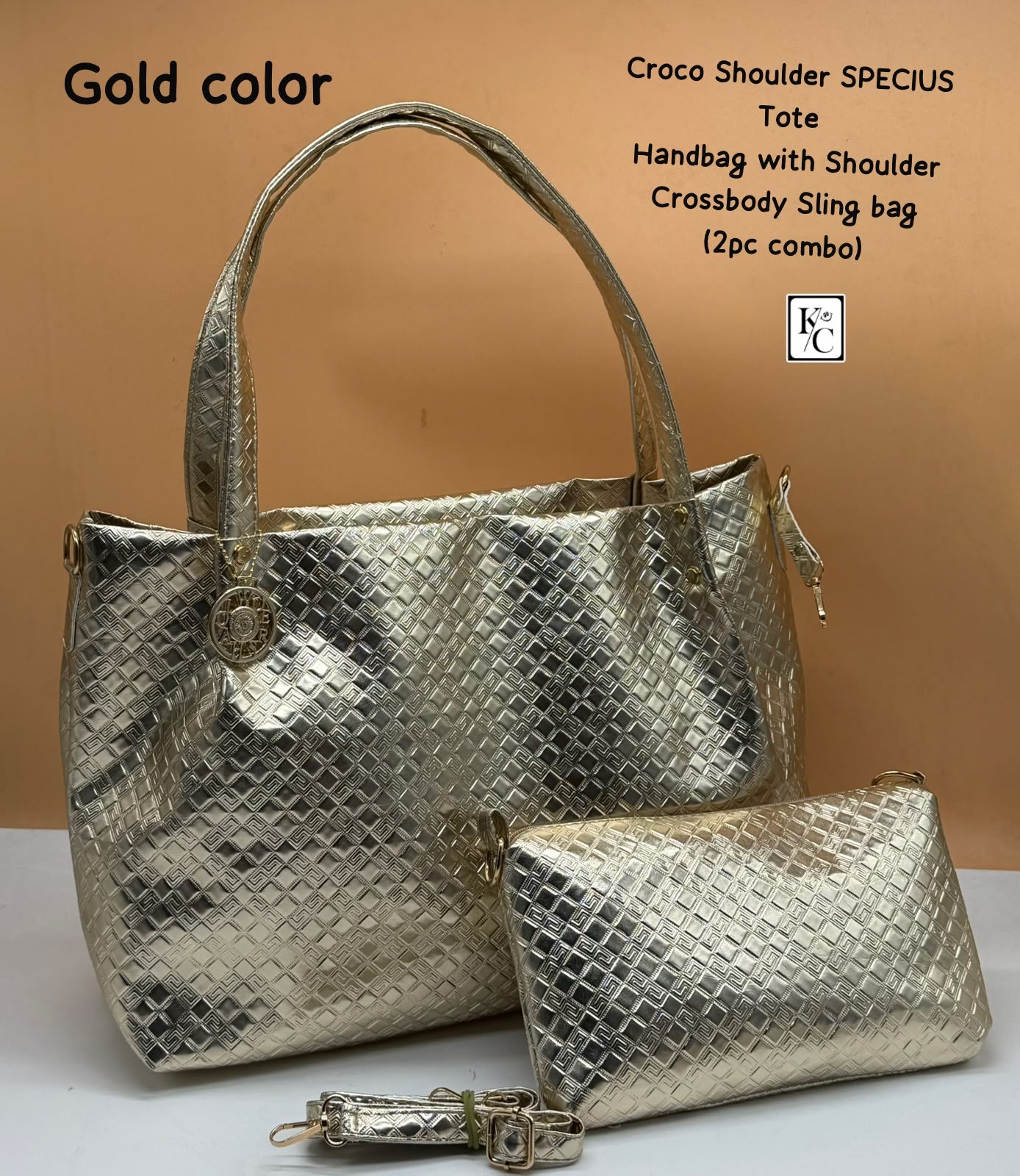 Croco Specius Tote Handbag Sling Bag 2Pc Combo Golden crocodile pattern - PR Collection