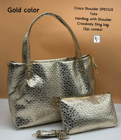 Croco Specius Tote Handbag Sling Bag 2Pc Combo Golden crocodile pattern - PR Collection