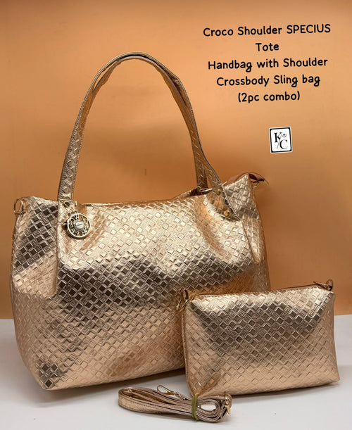 Croco Specius Tote Handbag Sling Bag 2Pc Combo Rose Gold women bag - PR Collection