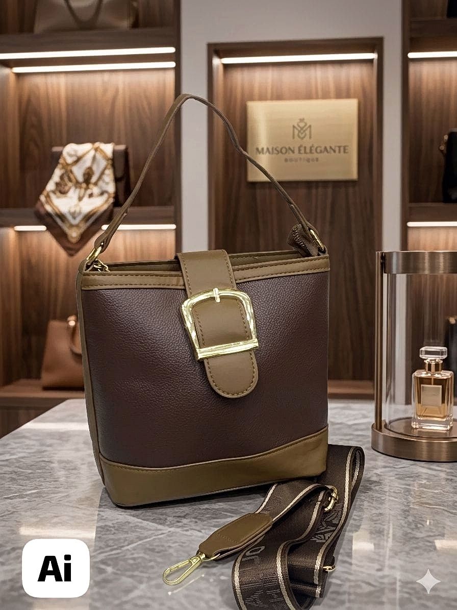 Imported Premium Brown Bucket Sling Bag Luxe Buckle Design Women
