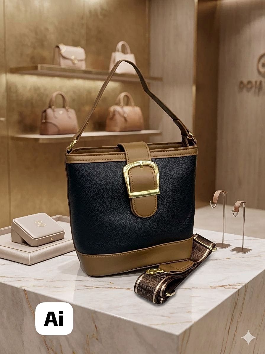 Imported Brown Bucket Sling Bag Gold Tone Detail Luxury Women Bag