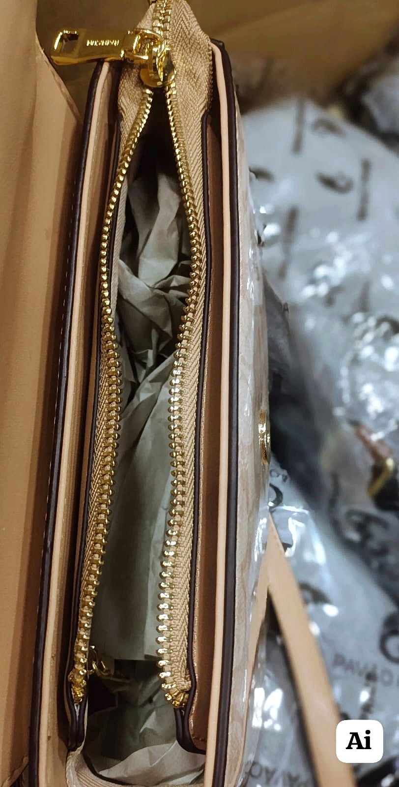 Imported Beige Monogram Sling Bag Gold Chain Detail Premium Bag
