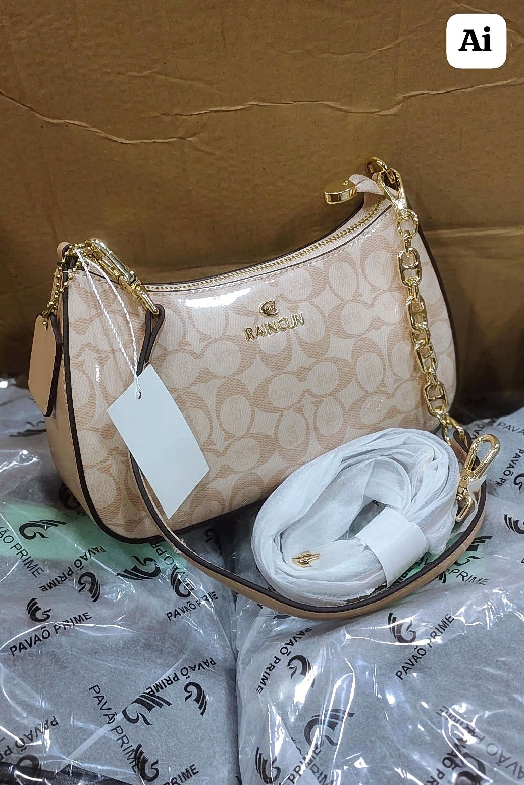 Imported Beige Monogram Sling Bag Side View Elegant Fashion Bag