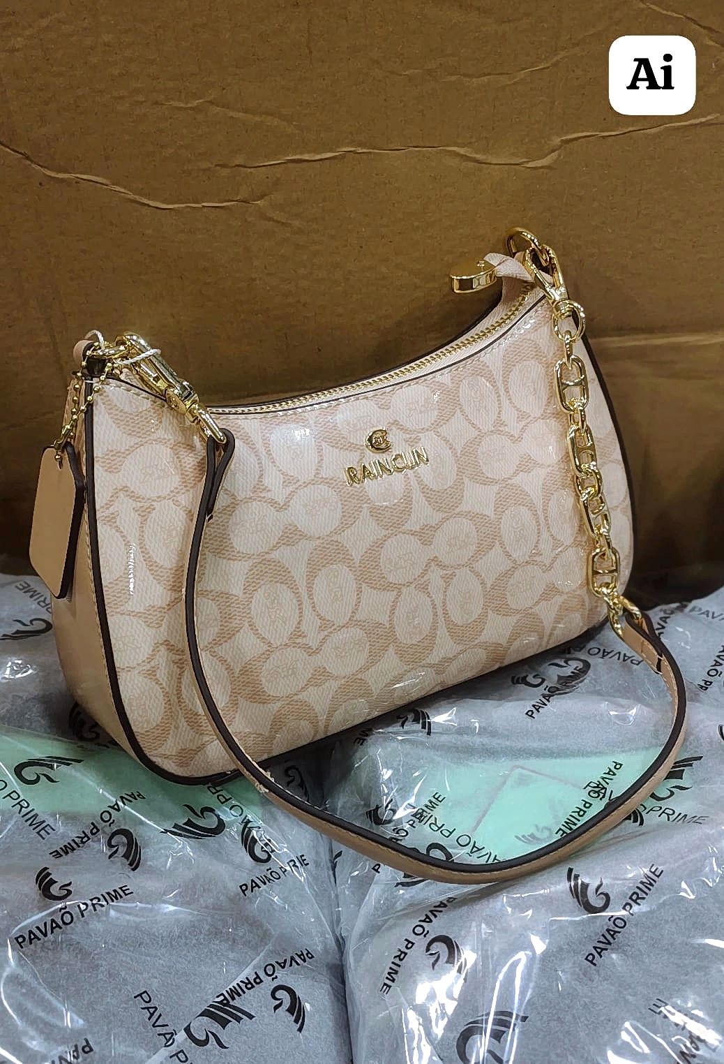 Imported Premium Beige Monogram Sling Bag Gold Chain Strap Women