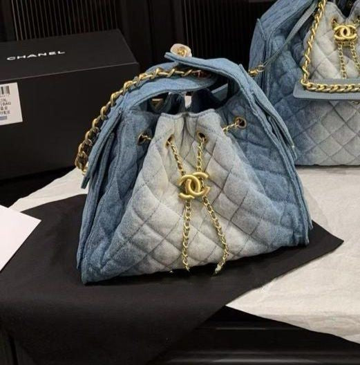 Denim Chain Shoulder Bucket Bag