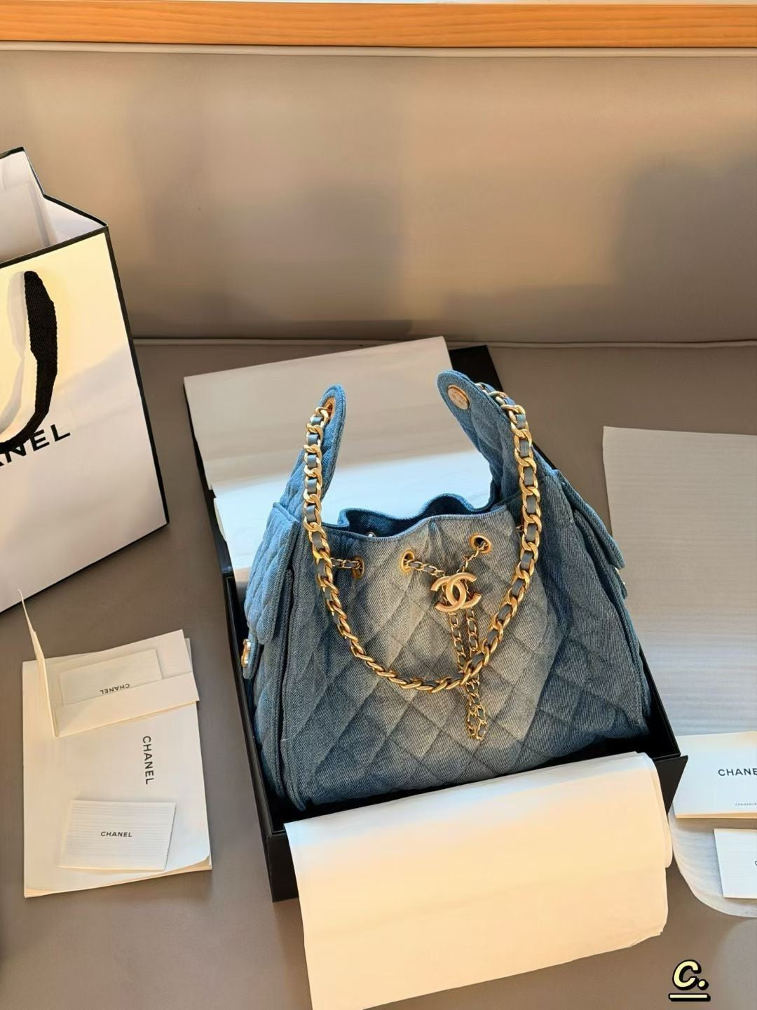 Denim Chain Shoulder Bucket Bag