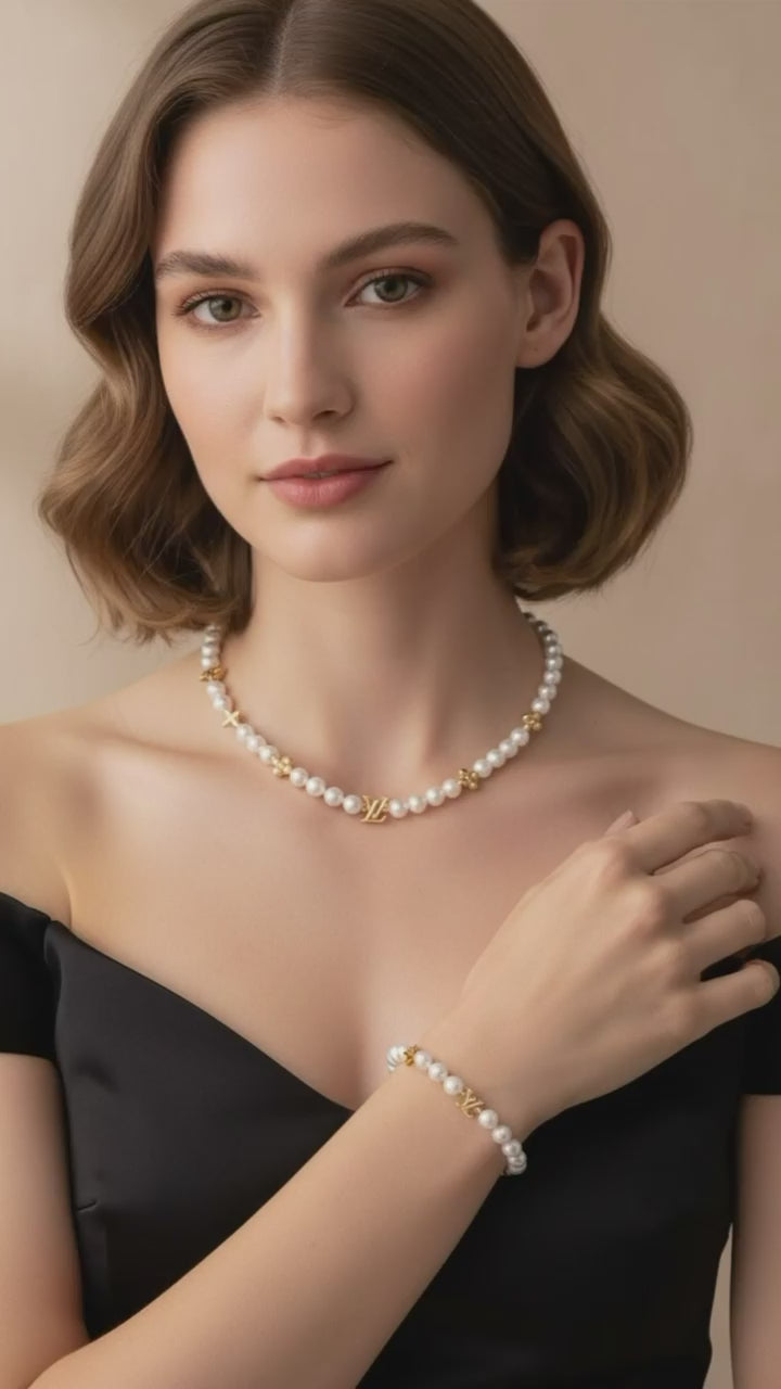 Premium Pearl Necklace and Bracelet - Gold Finish Luxury Jewellery