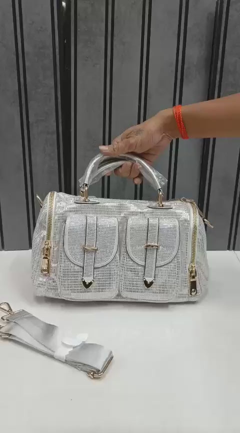 Women's Imported Fashion Designer Rhinestone Embellished Boston Handbag | Dual Pocket Gold Hardware Party Bag