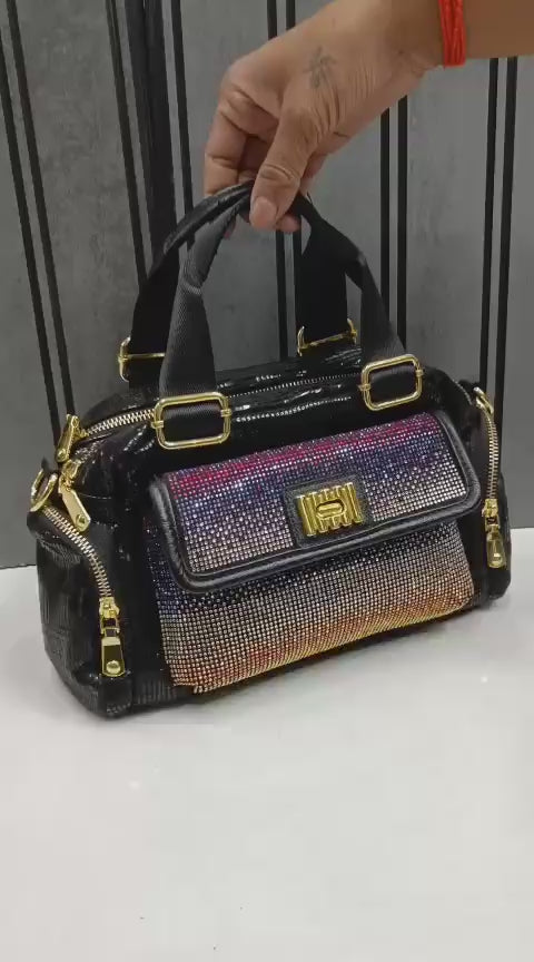Women's Imported Fashion Designer Rhinestone Embellished Boston Handbag | Dual Pocket Gold Hardware Party Bag