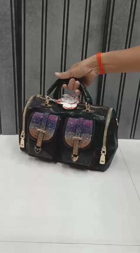 Women's Imported Fashion Designer Rhinestone Embellished Boston Handbag | Dual Pocket Gold Hardware Party Bag