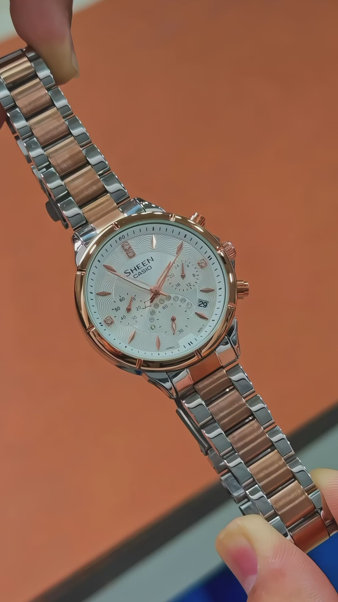 Premium Ladies Rose Gold Silver Dual-Tone Stainless Steel Watch with Crystal Dial, Date Display & Chronograph