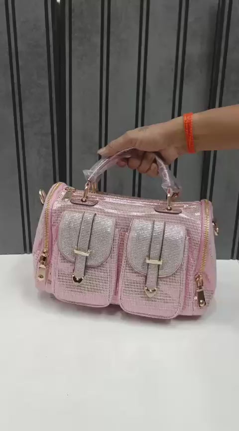 Women's Imported Fashion Designer Rhinestone Embellished Boston Handbag | Dual Pocket Gold Hardware Party Bag