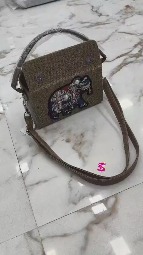 Women's Elephant Print Sling Bag | Boho Ethnic Jute Crossbody Bag with Belt