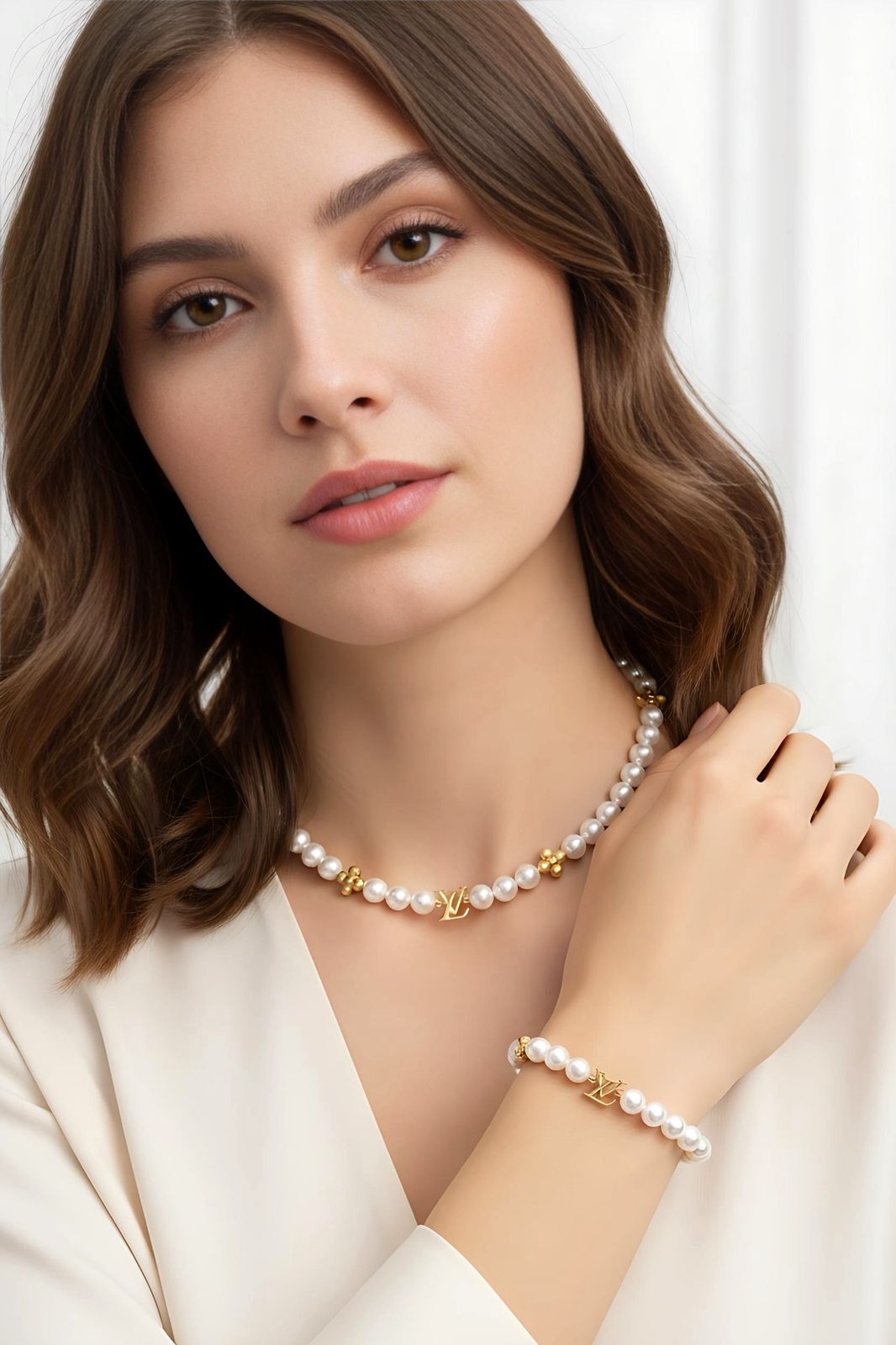 Louis Vuitton LV Pearl Necklace Bracelet Combo Gold Finish Luxury Jewellery - PR Collection