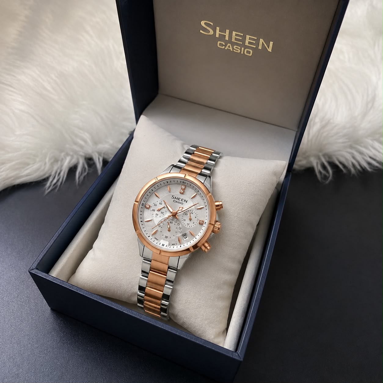 Premium Ladies Rose Gold Silver Dual-Tone Watch Crystal Dial Date Display Women