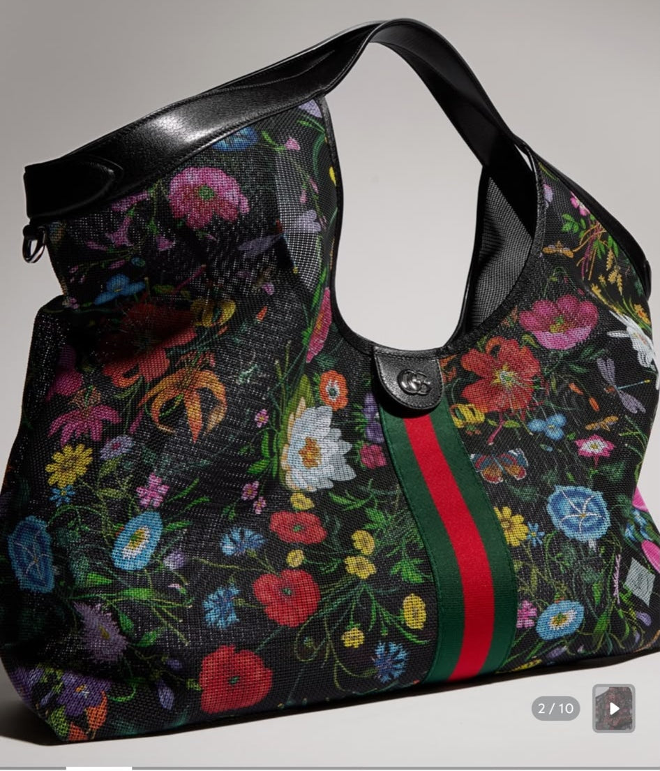 Luxury floral net tote bag with leather trim, made in Italy