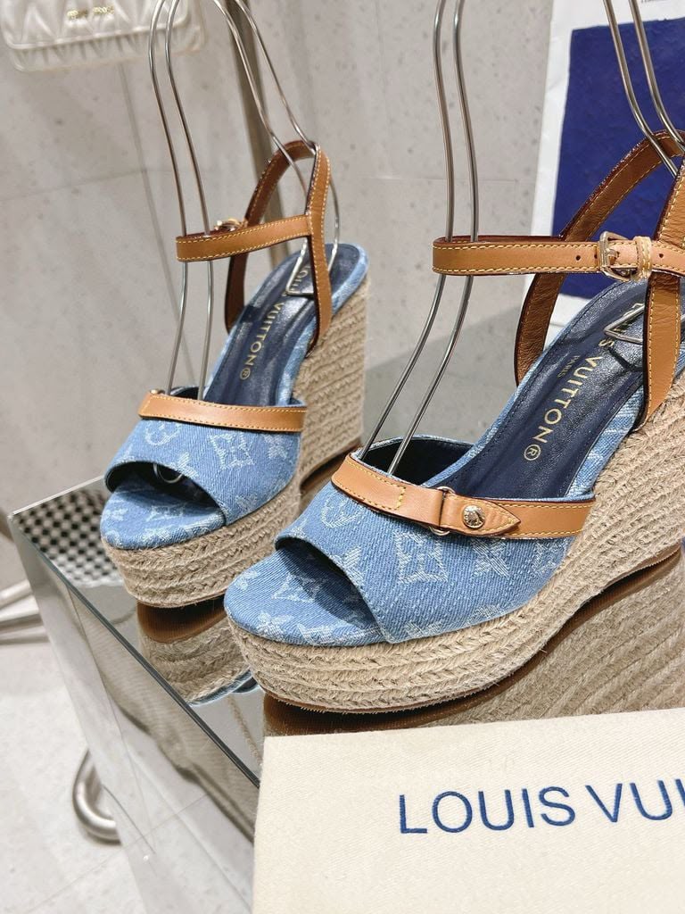 Louis Vuitton Helios Wedge Sandals Beige Monogram Braided Rope India