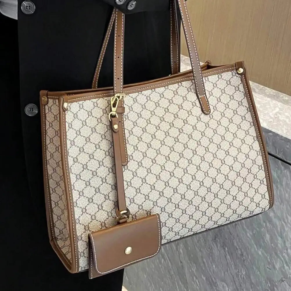 Monogram Print Tote Bag for Women | Structured Shoulder Handbag with Mini Card Holder