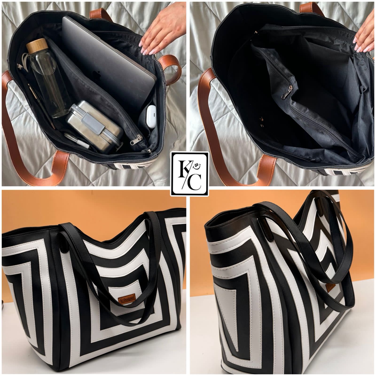 Women's Geometric Print Faux Leather Tote Bag | Multi-Compartment Shoulder Handbag