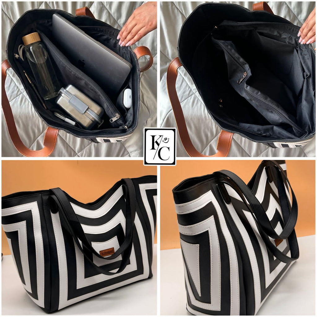 Women's Geometric Print Faux Leather Tote Bag | Multi-Compartment Shoulder Handbag