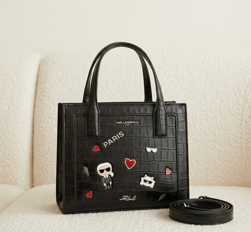 Karl Lagerfeld Paris Nouveu Bag Textured Black Croc Premium Branded