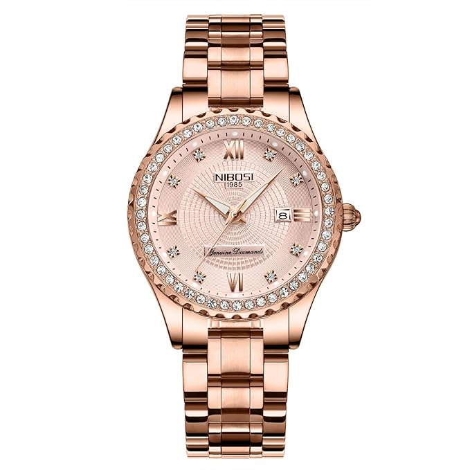 NIBOSI Women Watches Analogue Wrist Watches Watches for Women's & Girls & Miss & Ladies Rose Gold Dial Watch with Stylish Diamond