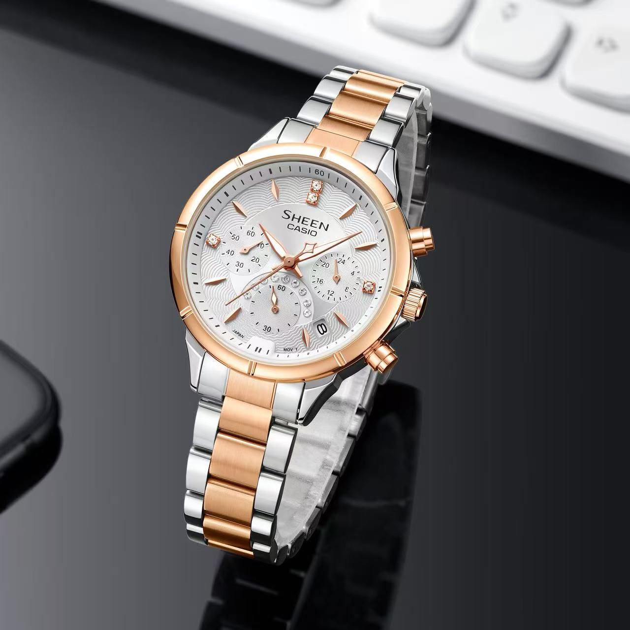 Women Luxury Watch Rose Gold Silver Dual Tone Crystal Stone Hour Markers