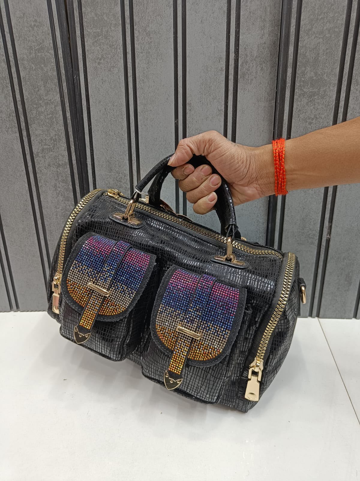 Women Fashion Boston Handbag D6 Black Rainbow Rhinestone Embellished Gold Hardware Imported Party Bag