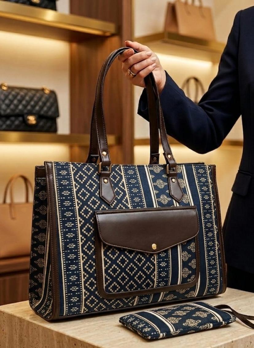 Jacquard Plush Tote Bag with Matching Pouch - PR Collection