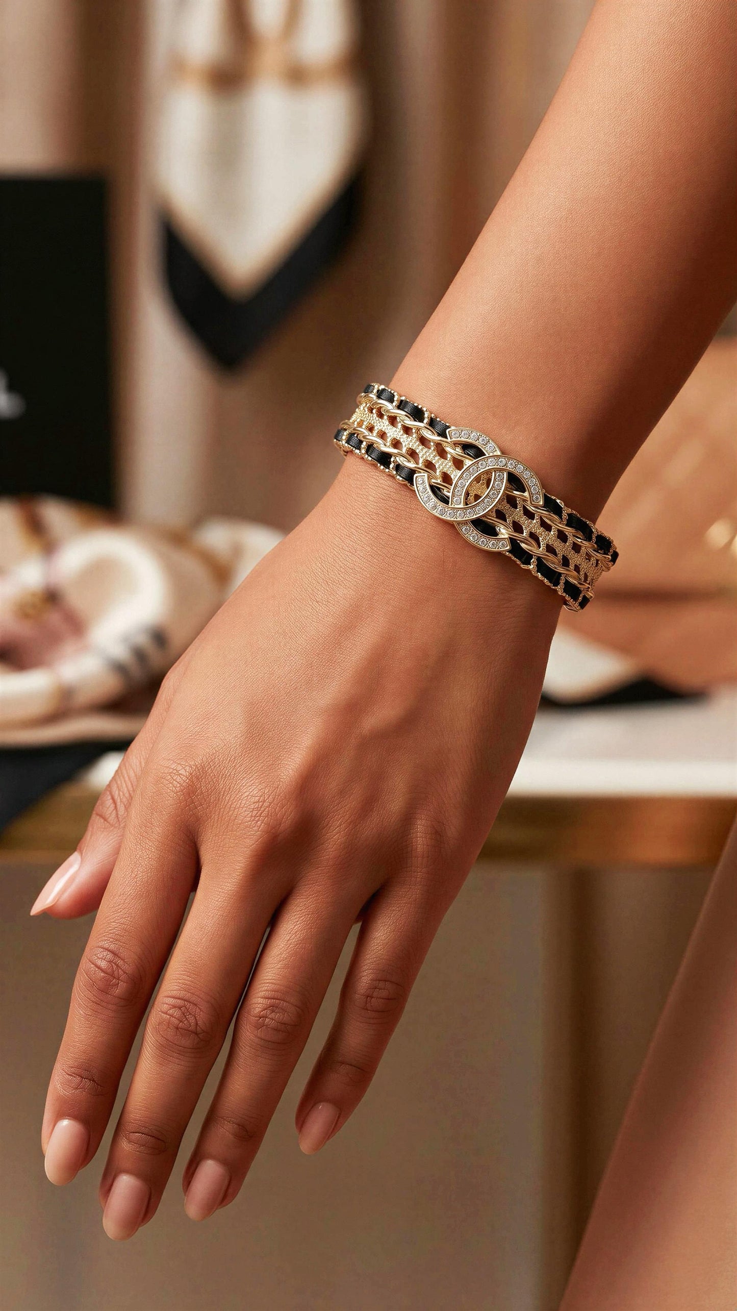 Chanel Crystal Leather Intertwined CC Cuff Bracelet Statement Jewellery - PR Collection