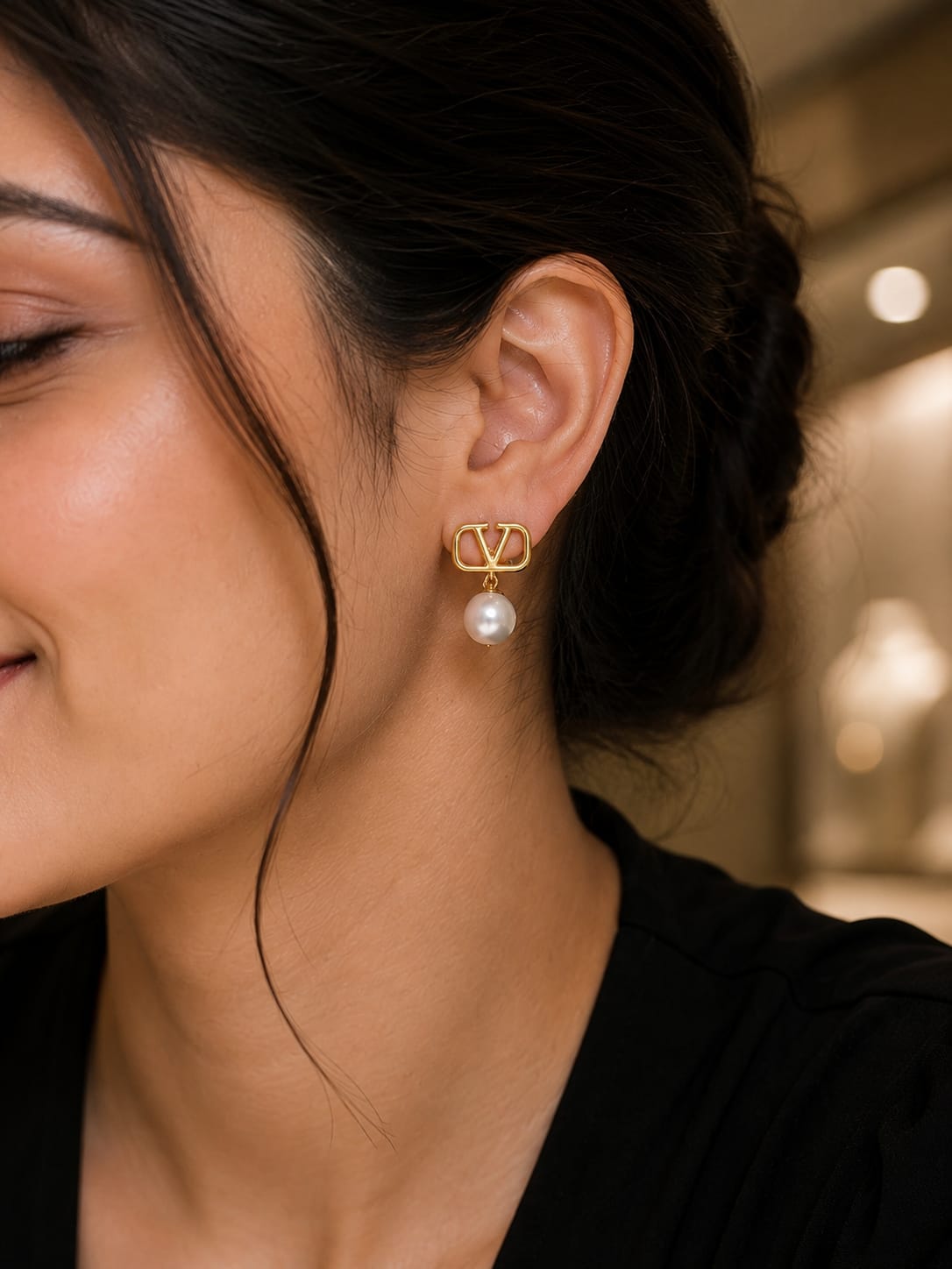 Pearl Drop Earrings With V Detail