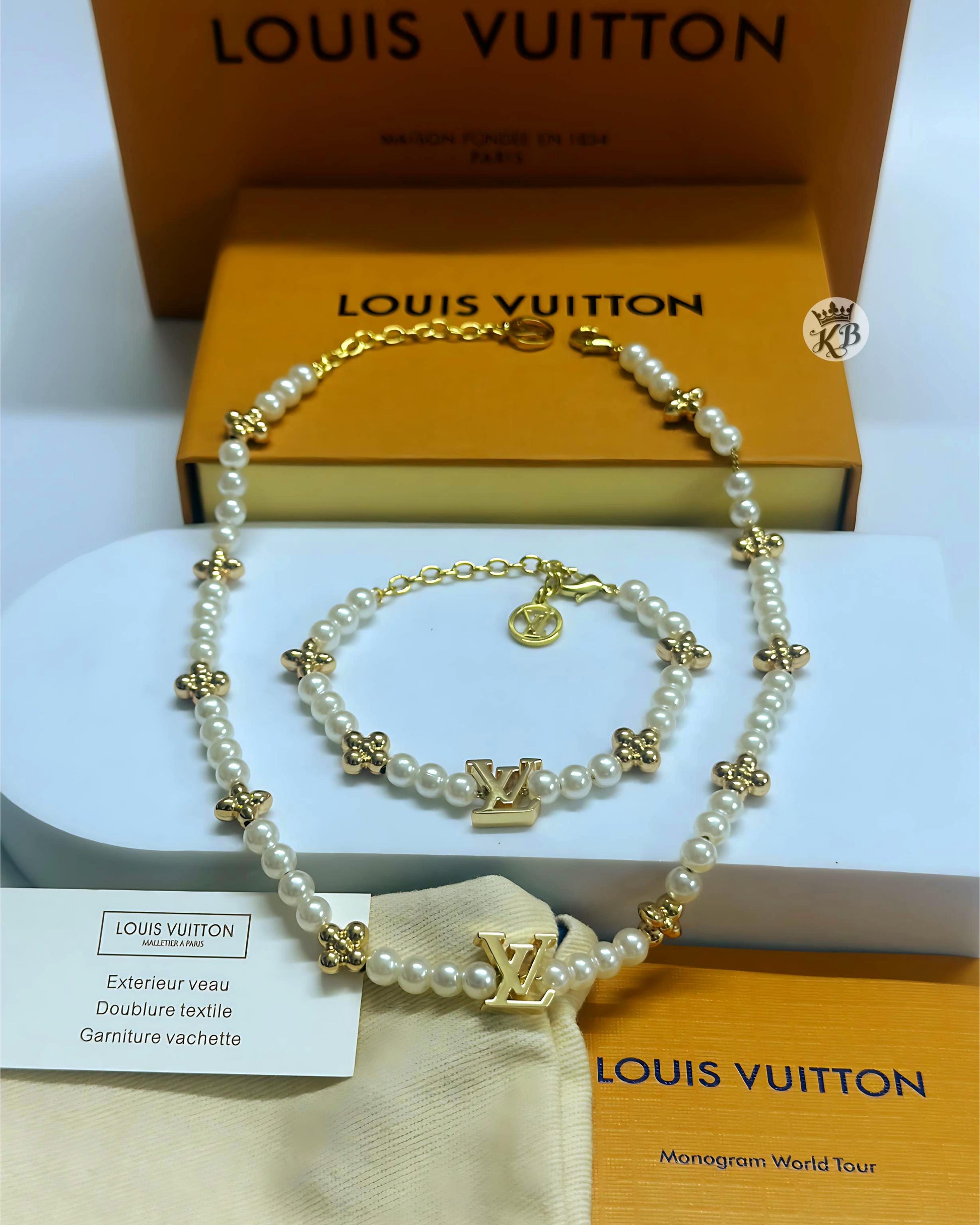 Louis Vuitton LV Pearl Necklace Bracelet Combo Gold Finish Luxury Jewellery - PR Collection