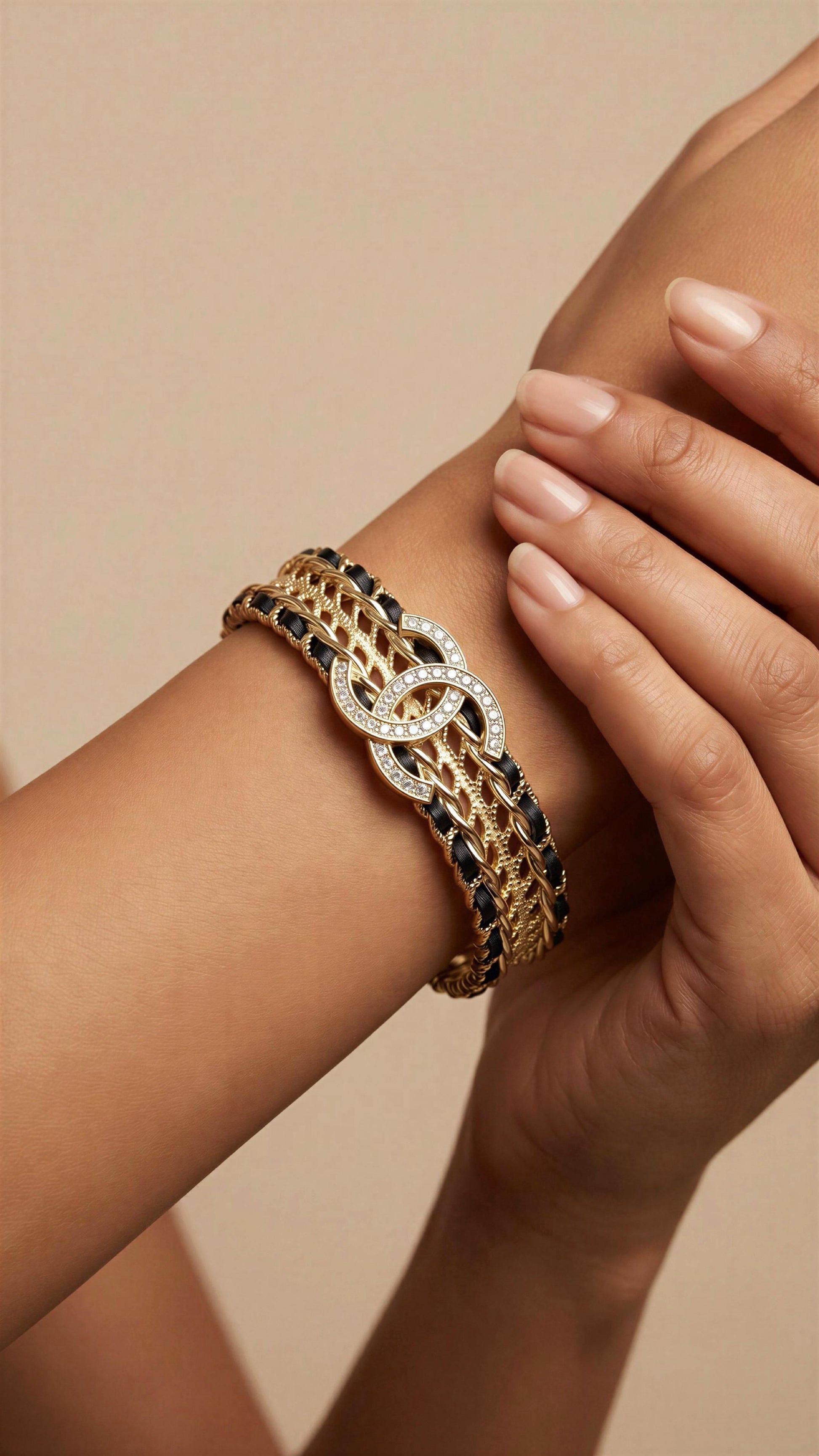 Chanel Crystal Leather Intertwined CC Cuff Bracelet Statement Jewellery - PR Collection