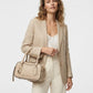 Women Pebbled Leather Satchel Bag Beige Structured Handbag Office Party Use