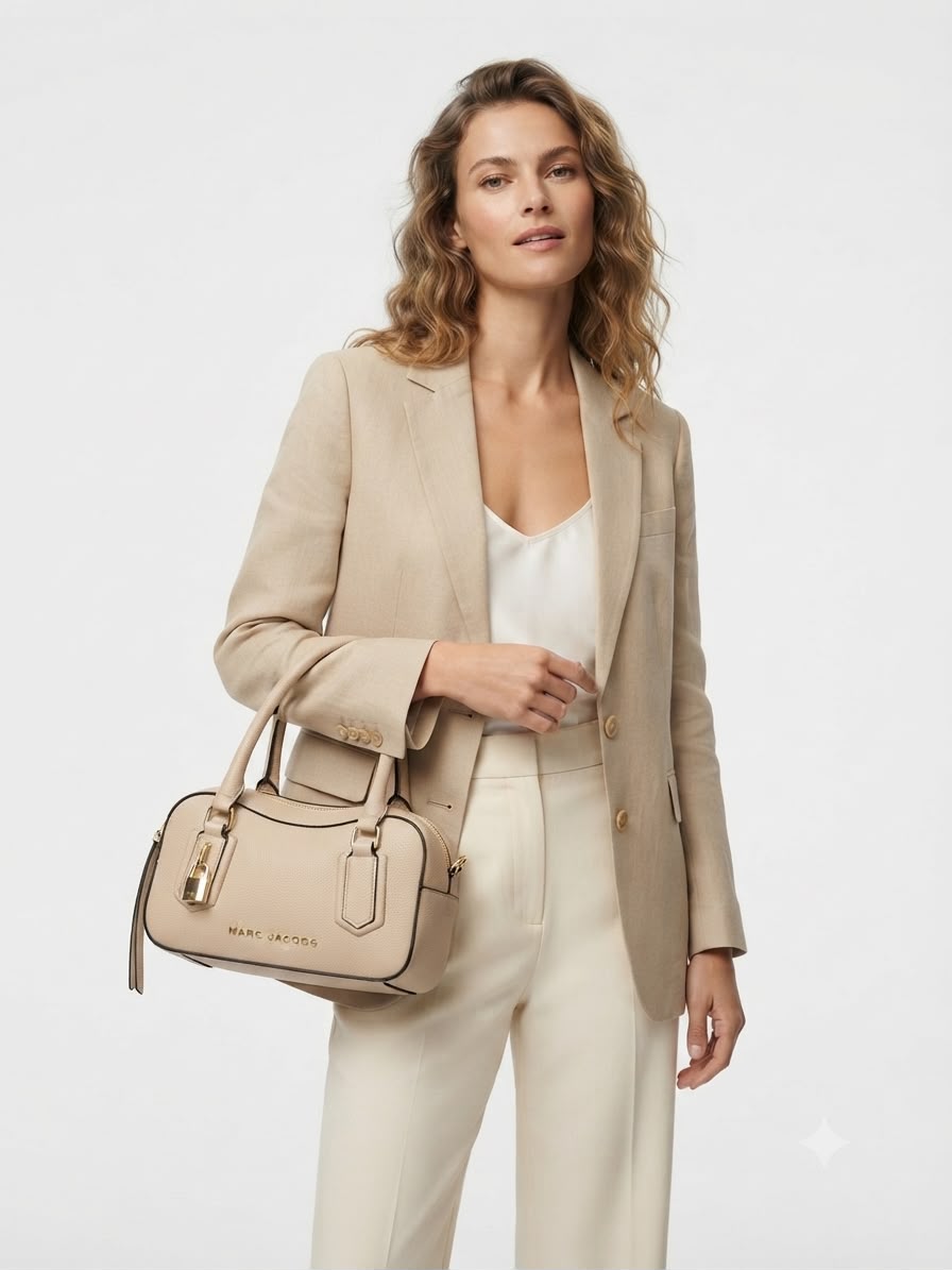 Women Pebbled Leather Satchel Bag Beige Structured Handbag Office Party Use