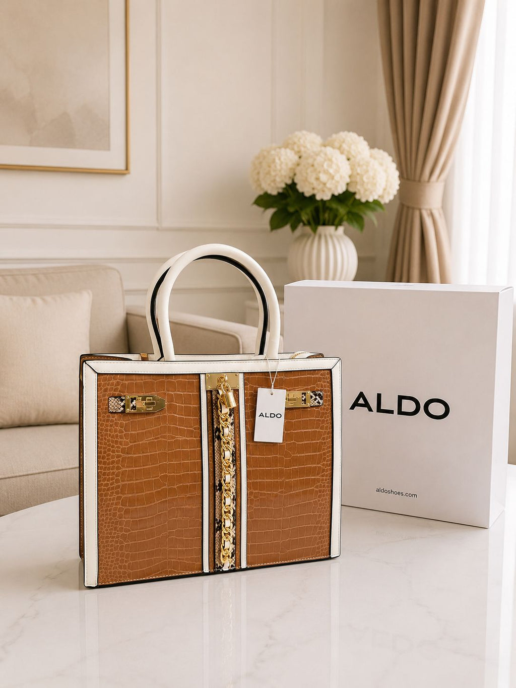ALDO Avoma Premium Crocodile Textured Satchel Tote Bag Tan White Blue With Dust Cover - PR Collection