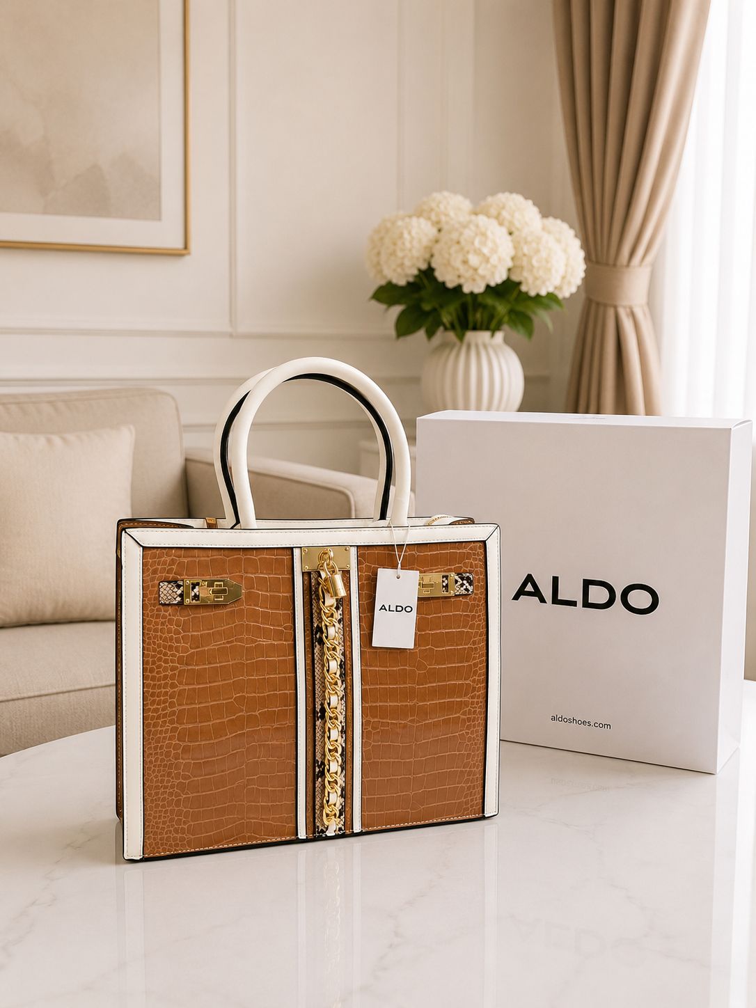 ALDO Avoma Premium Crocodile Textured Satchel Tote Bag Tan White Blue With Dust Cover - PR Collection