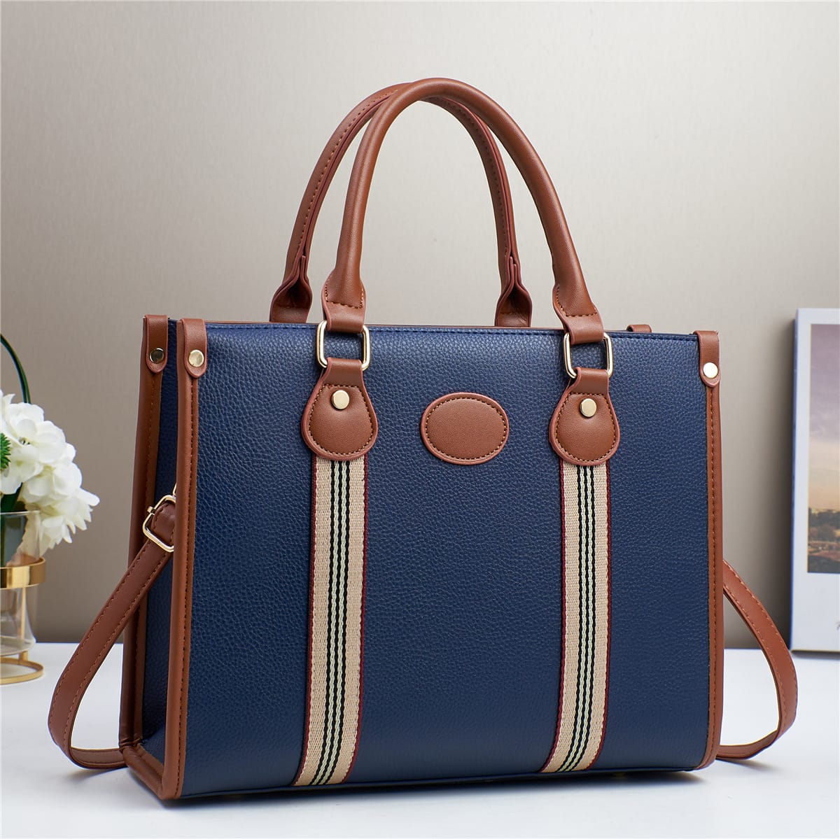 book tote bag for women blue, imported handbag structured tote