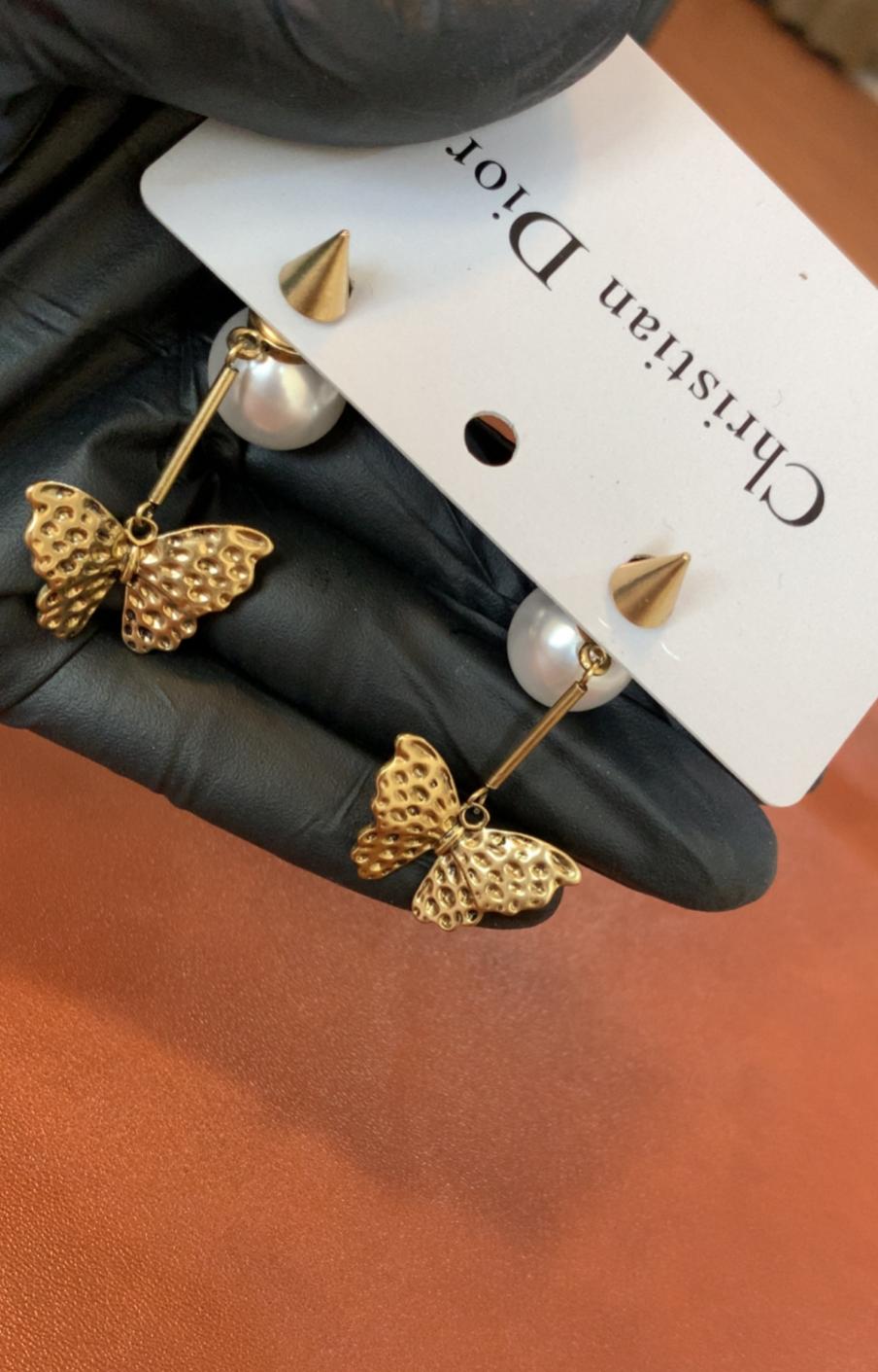Dior Butterfly Pearl Earrings Elegant Gold Finish Jewellery - PR Collection