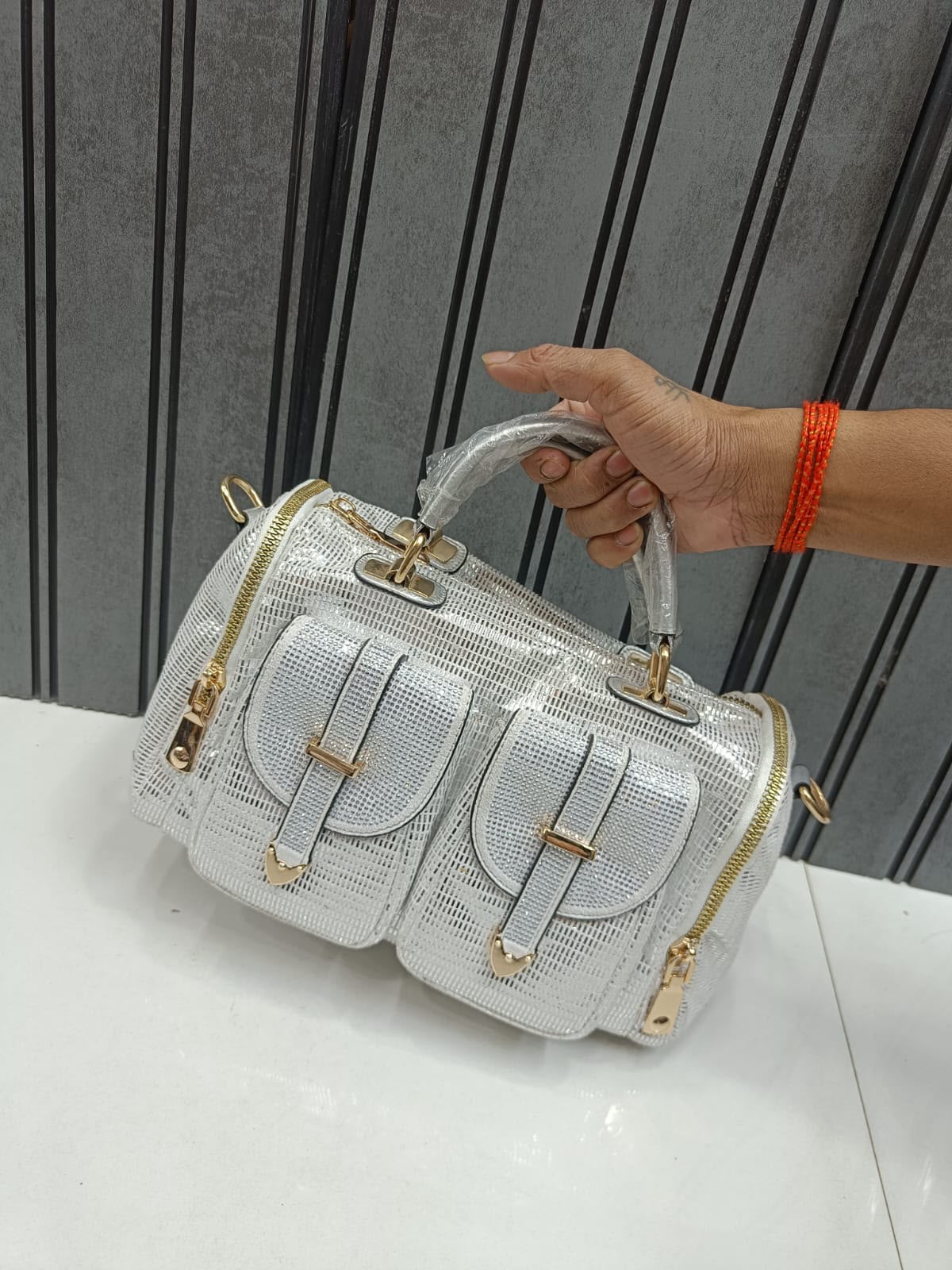 Women Rhinestone Boston Barrel Bag D3 Silver Crystal Embellished Gold Hardware Festive Party Handbag