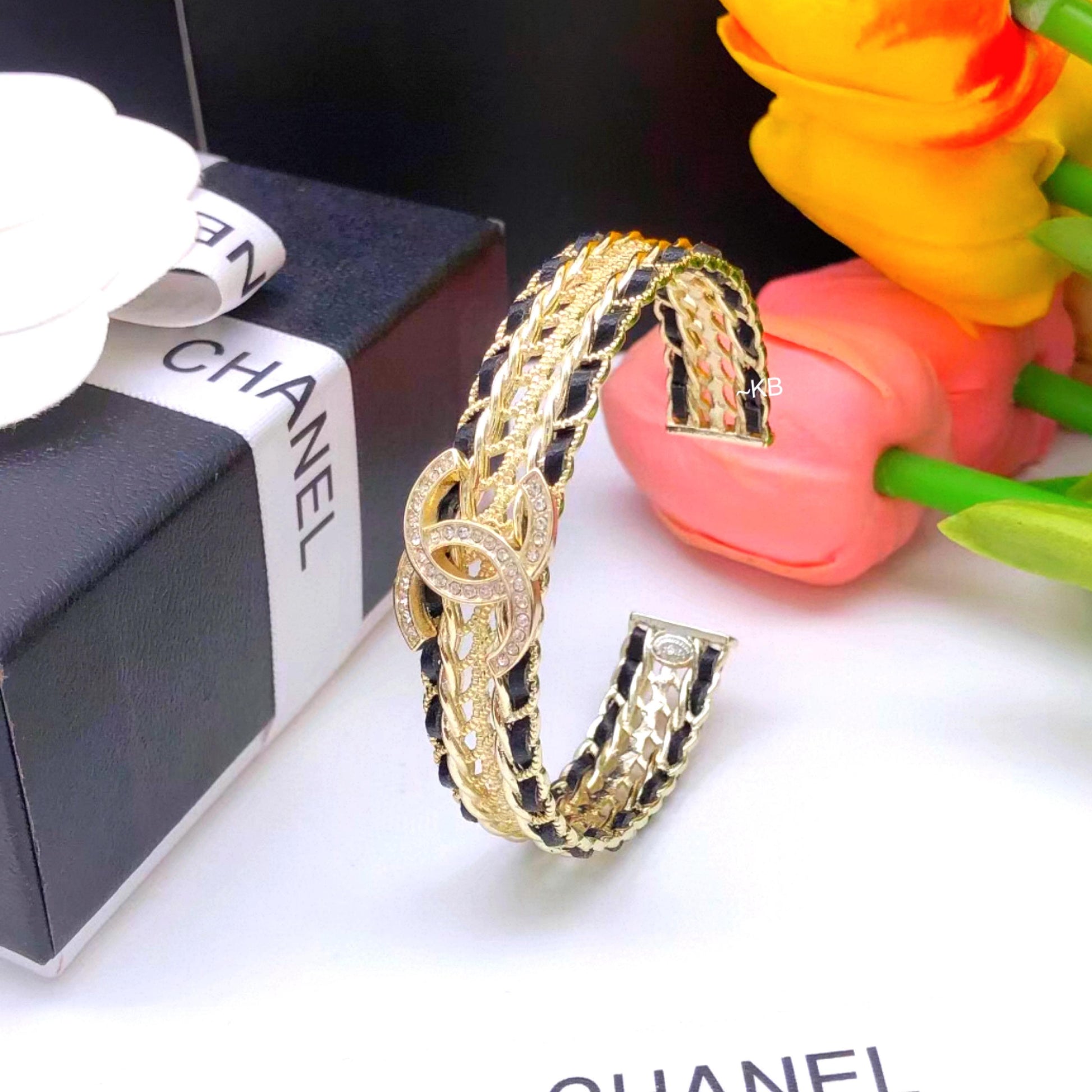 Chanel Crystal Leather Intertwined CC Cuff Bracelet Statement Jewellery - PR Collection