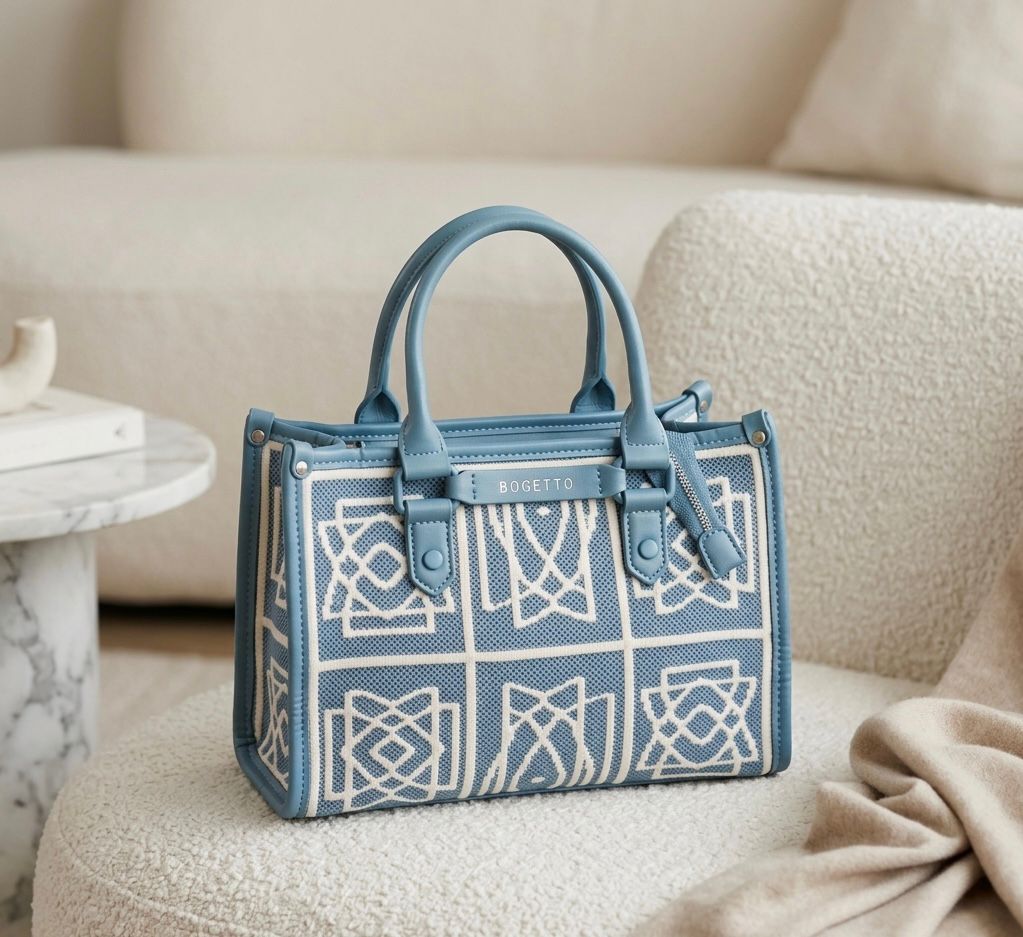 Bogetto Outlet Tote Bag Sky Blue Geometric Tile Pattern Designer India