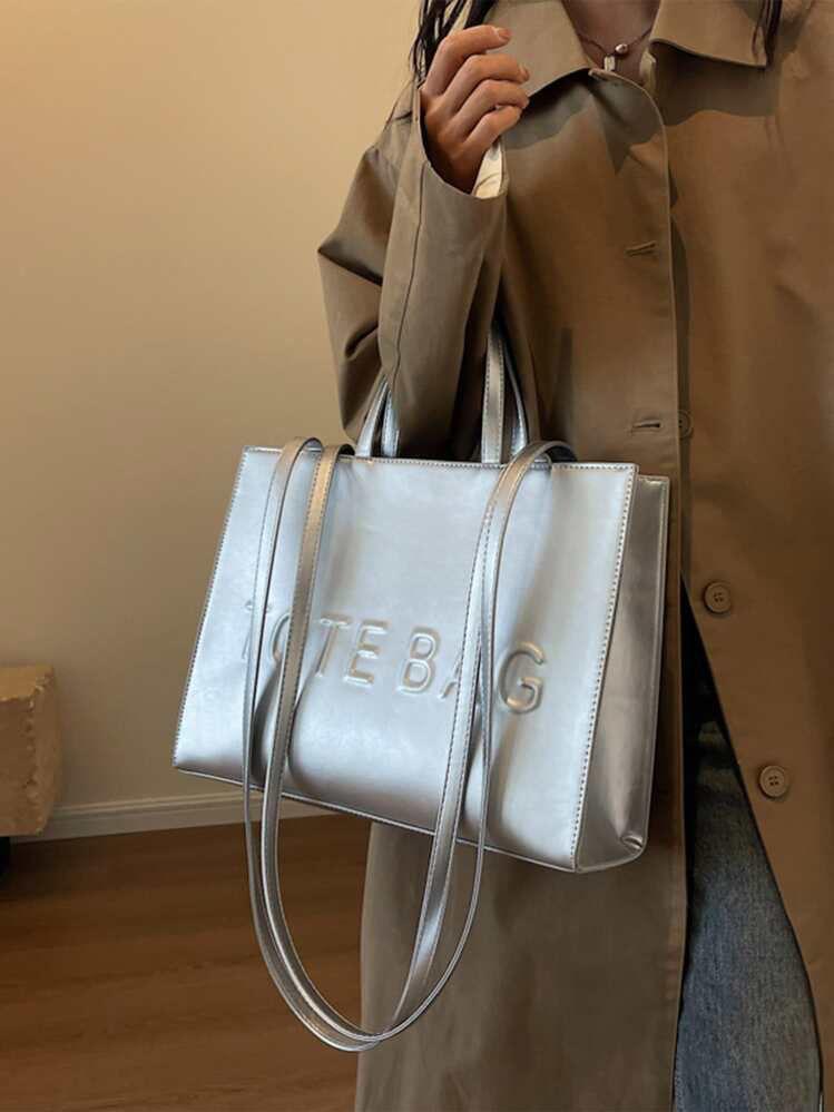 Women's premium leather designer tote bag silver, magnetic closure