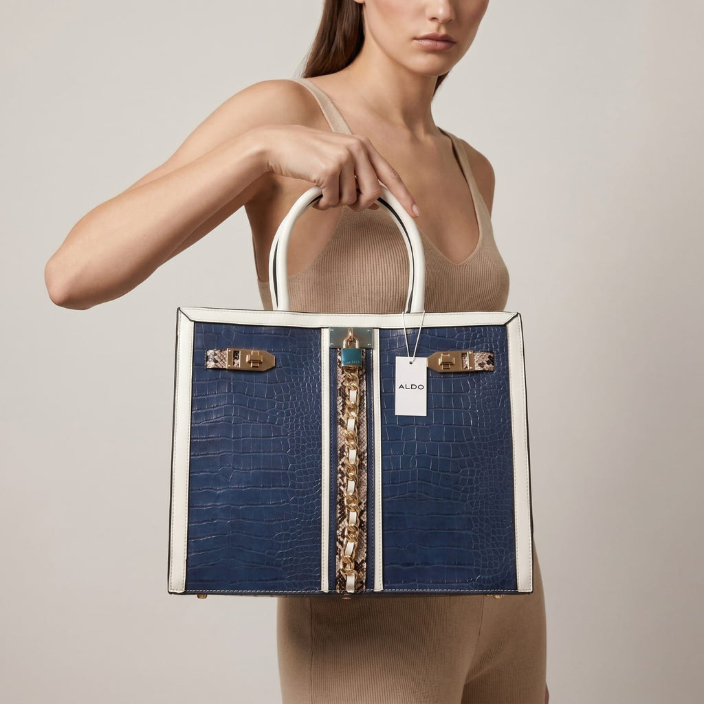 ALDO Avoma Premium Crocodile Textured Satchel Tote Bag Tan White Blue With Dust Cover - PR Collection