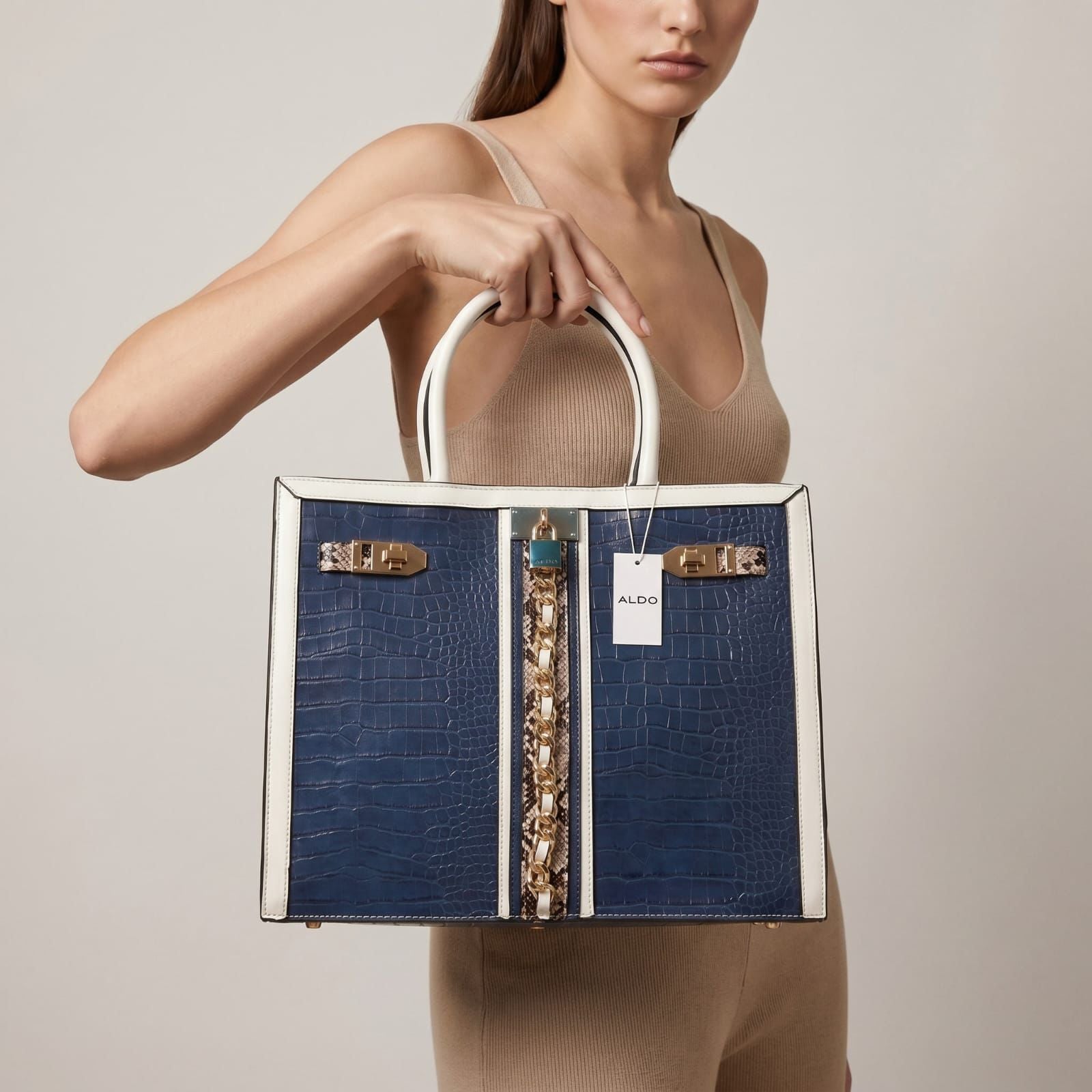 ALDO Avoma Premium Crocodile Textured Satchel Tote Bag Tan White Blue With Dust Cover - PR Collection
