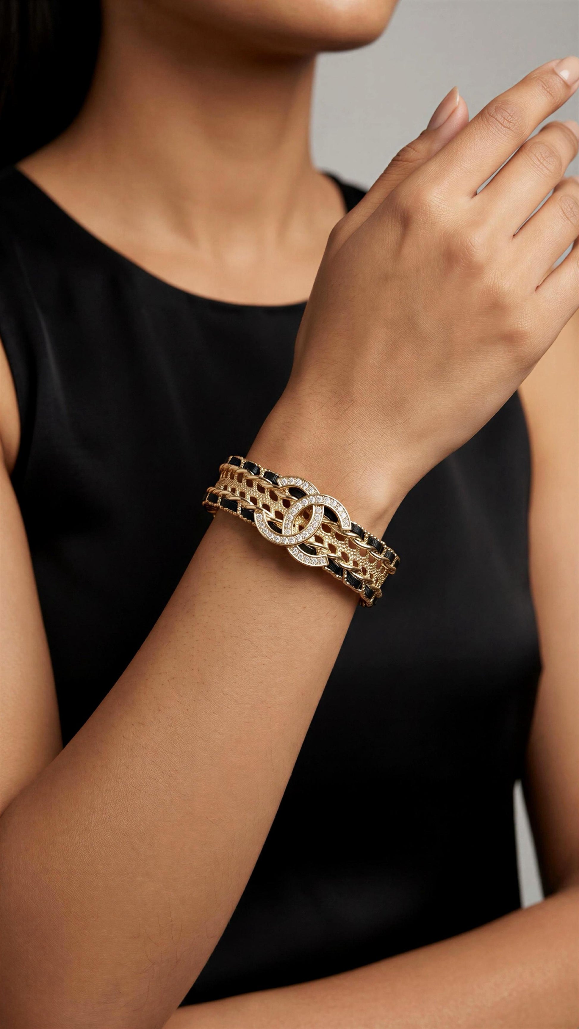 Chanel Crystal Leather Intertwined CC Cuff Bracelet Statement Jewellery - PR Collection